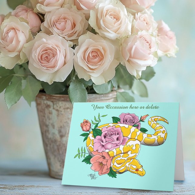 Yellow Albino Ball Python Teal Roses Card (Creator Uploaded)