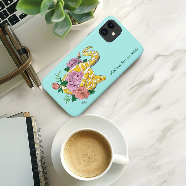 Yellow Albino Ball Python Teal Roses Case-Mate iPhone Case (Creator Uploaded)