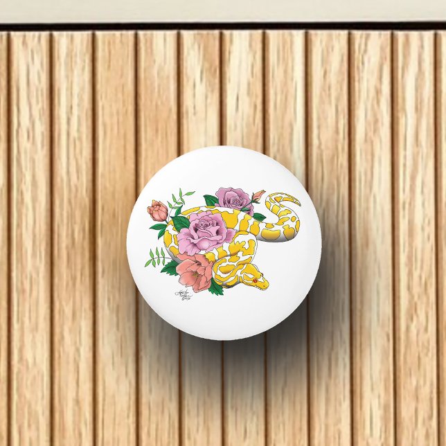 Yellow Albino Ball Python Teal Roses Ceramic Knob (Creator Uploaded)