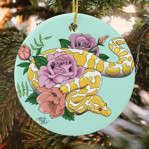 Yellow Albino Ball Python Teal Roses Ceramic Ornament