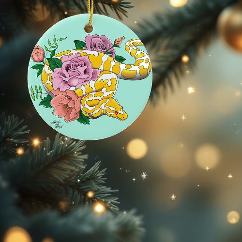 Yellow Albino Ball Python Teal Roses  Ceramic Ornament