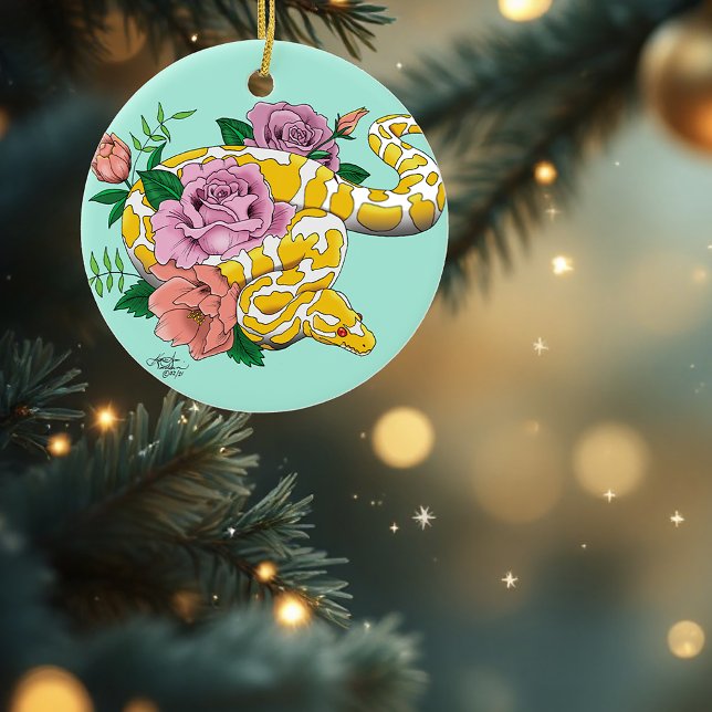 Yellow Albino Ball Python Teal Roses  Ceramic Ornament (Creator Uploaded)