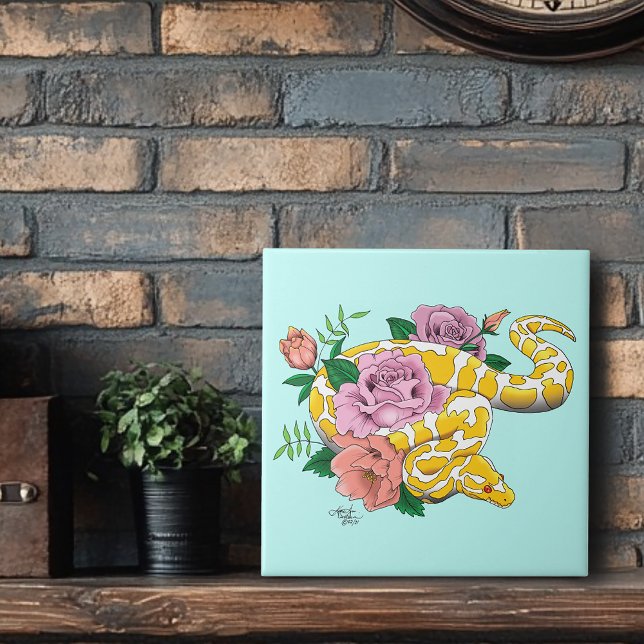 Yellow Albino Ball Python Teal Roses Ceramic Tile (Creator Uploaded)