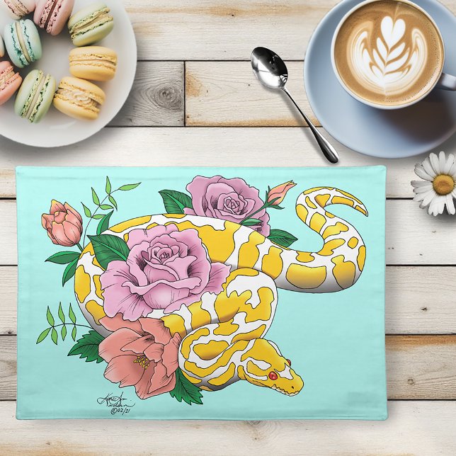 Yellow Albino Ball Python Teal Roses Cloth Placemat (Creator Uploaded)