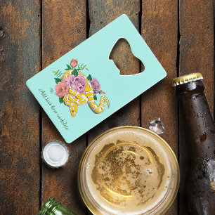 Yellow Albino Ball Python Teal Roses Credit Card Bottle Opener