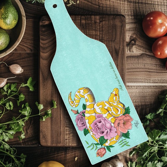 Yellow Albino Ball Python Teal Roses Cutting Board (Creator Uploaded)