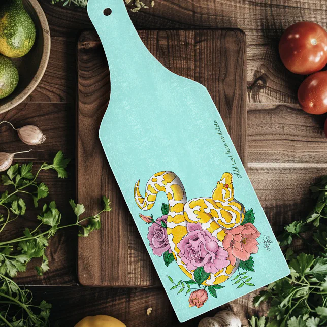 Yellow Albino Ball Python Teal Roses Cutting Board | Zazzle