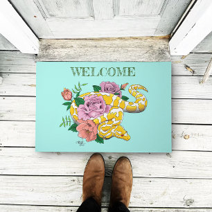 Yellow Albino Ball Python Teal Roses Doormat