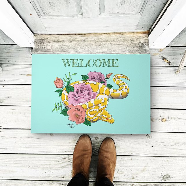 Yellow Albino Ball Python Teal Roses Doormat (Creator Uploaded)