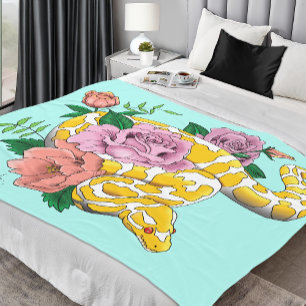 Yellow Albino Ball Python Teal Roses Fleece Blanket