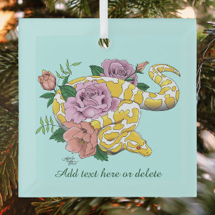 Yellow Albino Ball Python Teal Roses Glass Ornament