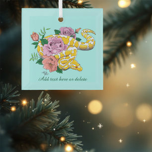 Yellow Albino Ball Python Teal Roses Glass Ornament