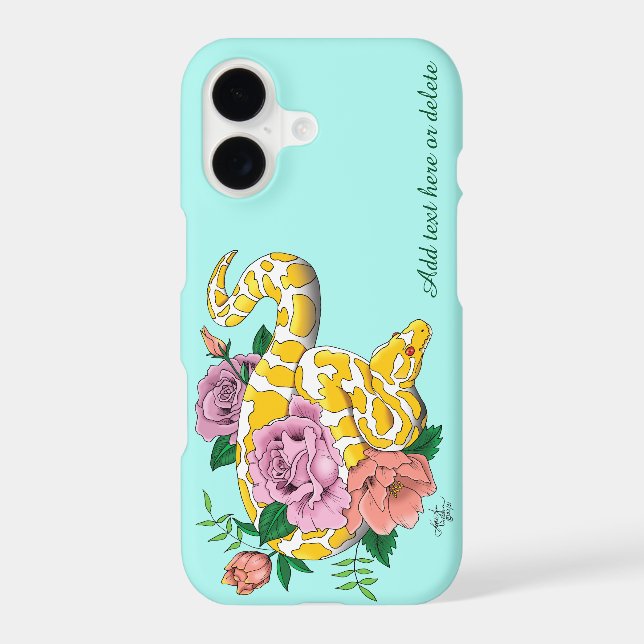 Yellow Albino Ball Python Teal Roses Iphone Case (Back)