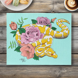 Yellow Albino Ball Python Teal Roses Jigsaw Puzzle