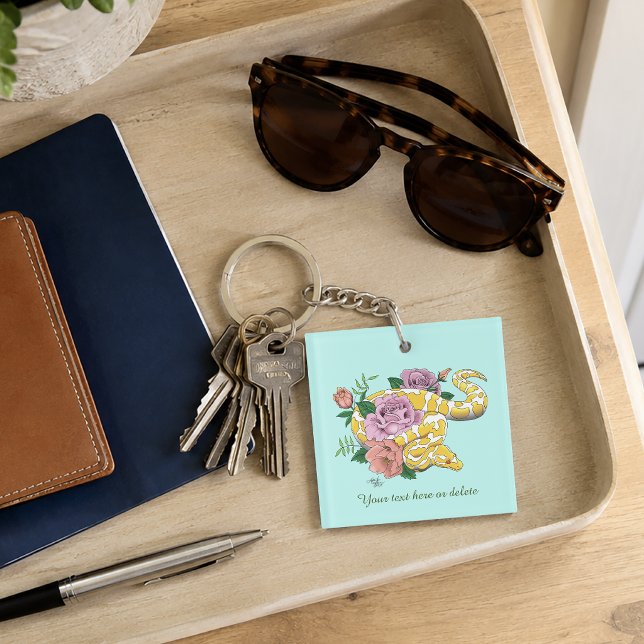 Yellow Albino Ball Python Teal Roses Keychain (Creator Uploaded)