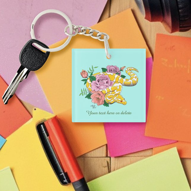 Yellow Albino Ball Python Teal Roses Keychain (Creator Uploaded)