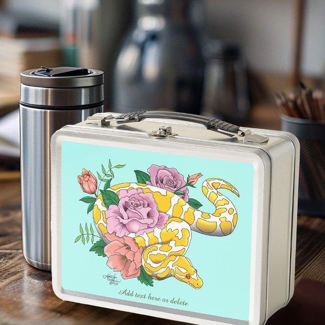 Yellow Albino Ball Python Teal Roses Metal Lunch Box (Creator Uploaded)