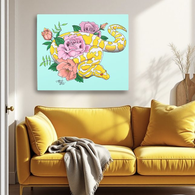 Yellow Albino Ball Python Teal Roses Metal Print (Creator Uploaded)
