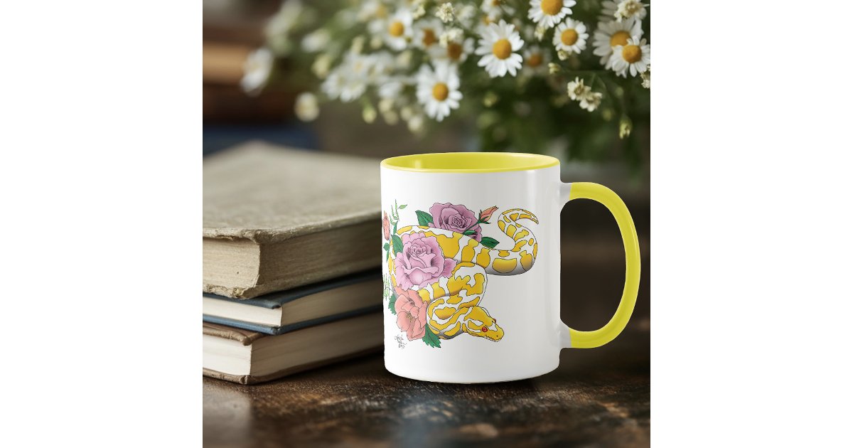 Yellow Albino Ball Python Teal Roses Mug | Zazzle