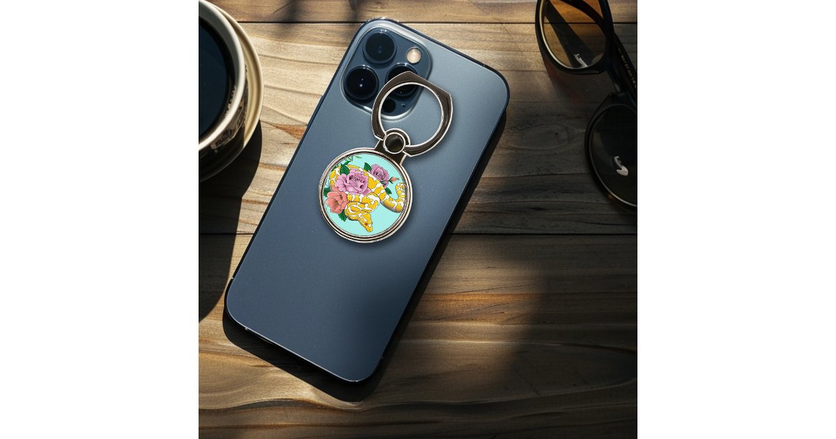 Yellow Albino Ball Python Teal Roses Phone Ring Stand | Zazzle