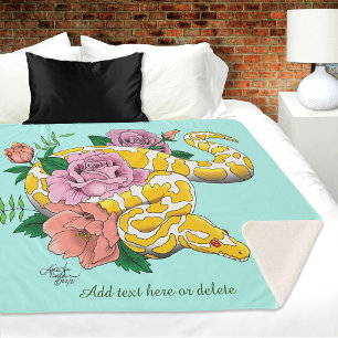 Yellow Albino Ball Python Teal Roses Sherpa Blanket