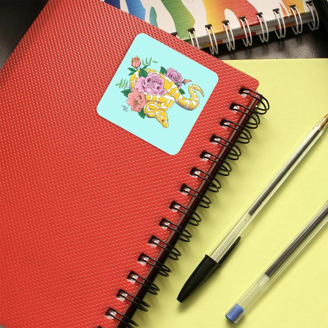 Yellow Albino Ball Python Teal Roses Square Sticker (Creator Uploaded)