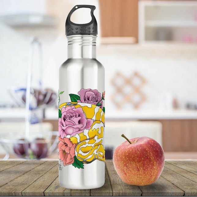 Yellow Albino Ball Python Teal Roses Stainless Steel Water Bottle (Creator Uploaded)