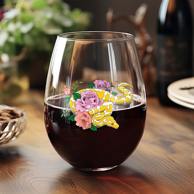Yellow Albino Ball Python Teal Roses Stemless Wine Glass (Creator Uploaded)
