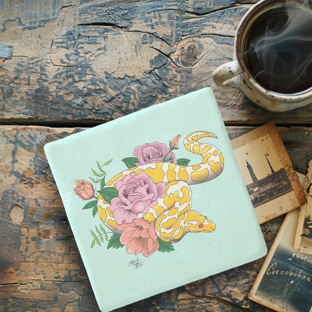 Yellow Albino Ball Python Teal Roses Stone Coaster (Creator Uploaded)