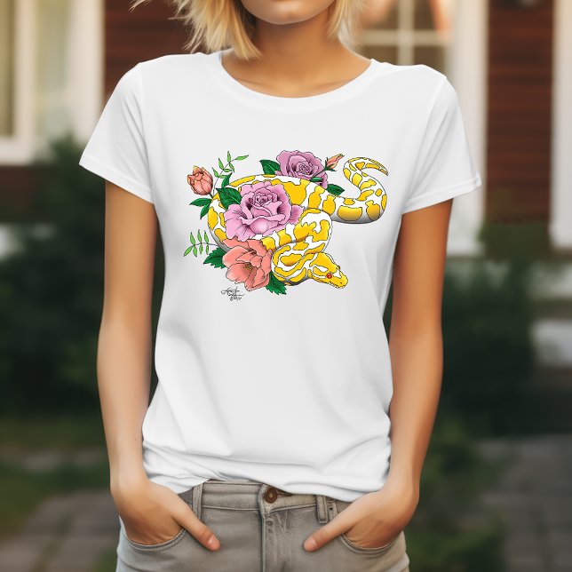 Yellow Albino Ball Python Teal Roses T-Shirt (Creator Uploaded)