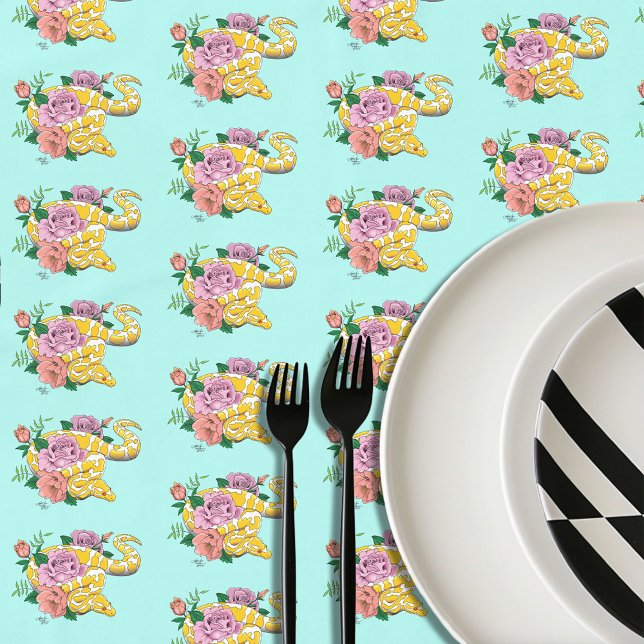 Yellow Albino Ball Python Teal Roses Tablecloth (Creator Uploaded)