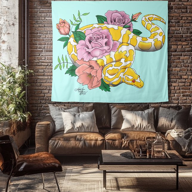 Yellow Albino Ball Python Teal Roses Tapestry (Creator Uploaded)