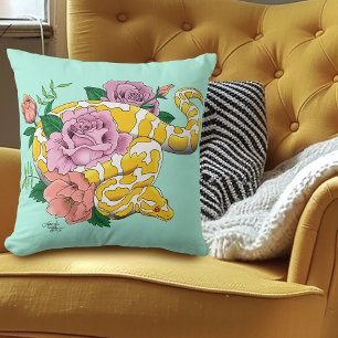 Yellow Albino Ball Python Teal Roses  Throw Pillow