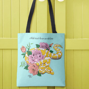 Yellow Albino Ball Python Teal Roses Tote Bag