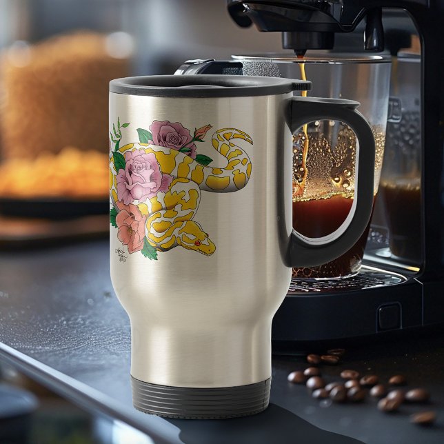 Yellow Albino Ball Python Teal Roses Travel Mug (Creator Uploaded)