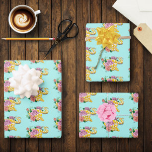 Yellow Albino Ball Python Teal Roses Wrapping Paper Sheets