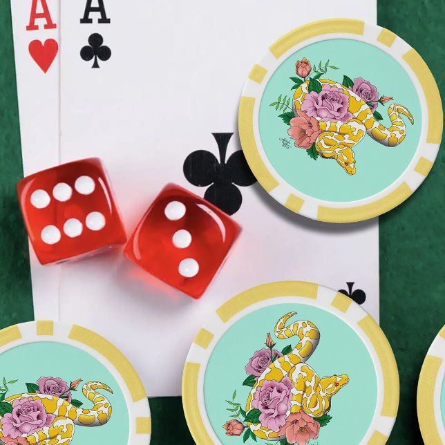 Yellow Albino Ball Snake Teal Roses Poker Chips (Creator Uploaded)