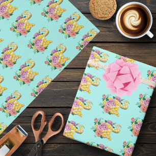 Yellow Albino Ball Snake Teal Roses Wrapping Paper