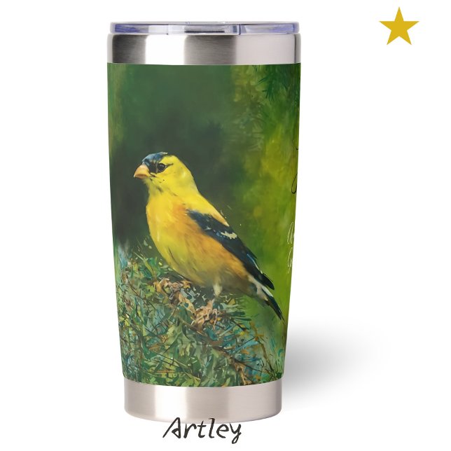 Yellow American Goldfinch Painting Custom Name Insulated Tumbler (Creator Uploaded)