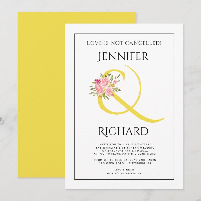 Yellow ampersand and pink roses virtual wedding invitation (Front/Back)