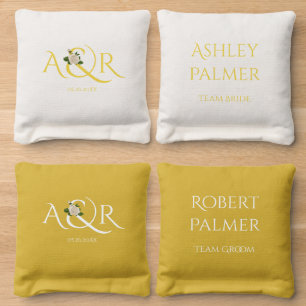 Yellow ampersand white rose and initials wedding cornhole bags