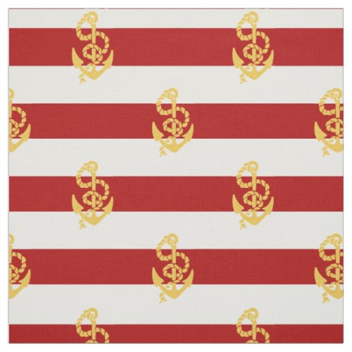 Yellow Anchor Red And White Striped Background Fabric