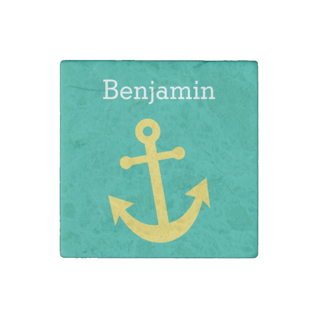 Yellow Anchor with Custom Name - Emerald Stone Magnet (Front)