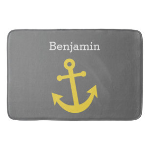 Yellow Anchor with Custom Name - Gray Bath Mat