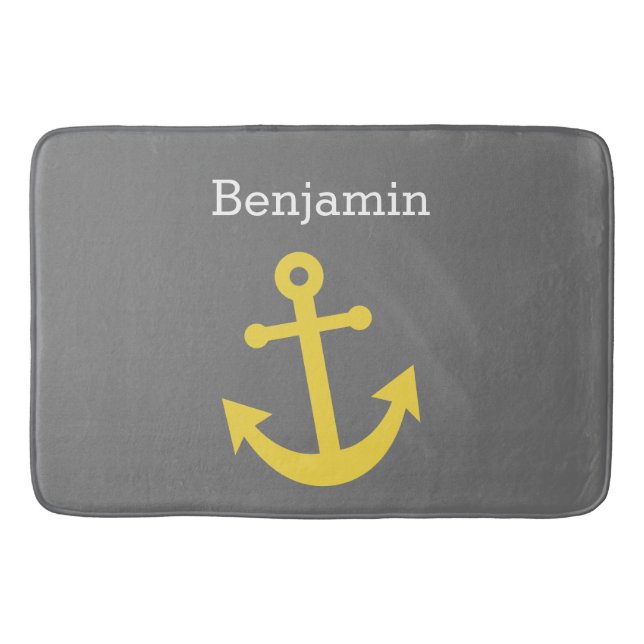 Yellow Anchor with Custom Name - Gray Bath Mat (Front)