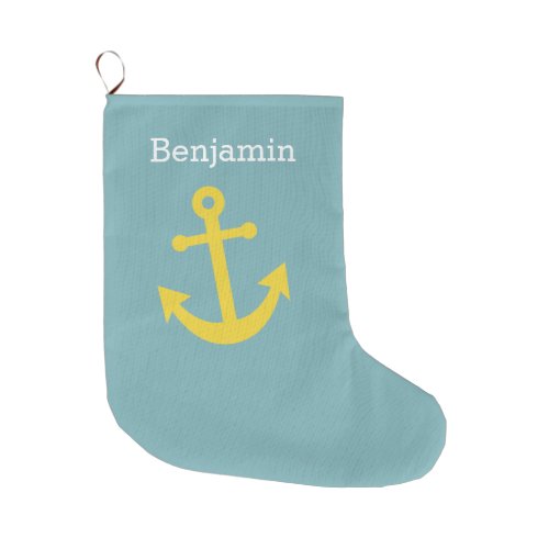 Yellow Anchor with Custom Name _ Light Blue Large Christmas Stocking