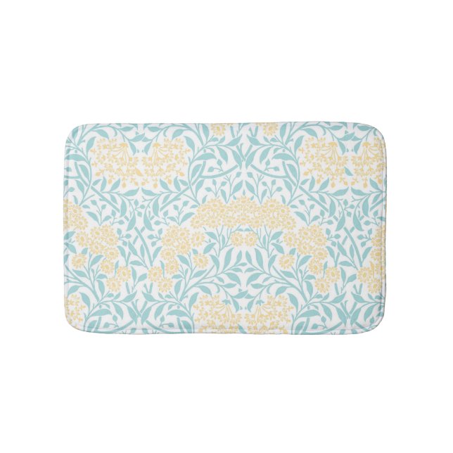 Yellow and Aqua Floral Damask Bathroom Mat (Front)