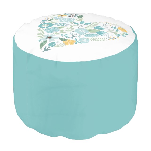Yellow and Aqua Floral Heart Pouf (Angled Back)