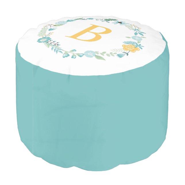Yellow and Aqua Floral Monogrammed Wreath Pouf (Angled Back)