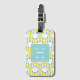 Yellow and Aqua Honeycomb Pattern Monogrammed Luggage Tag